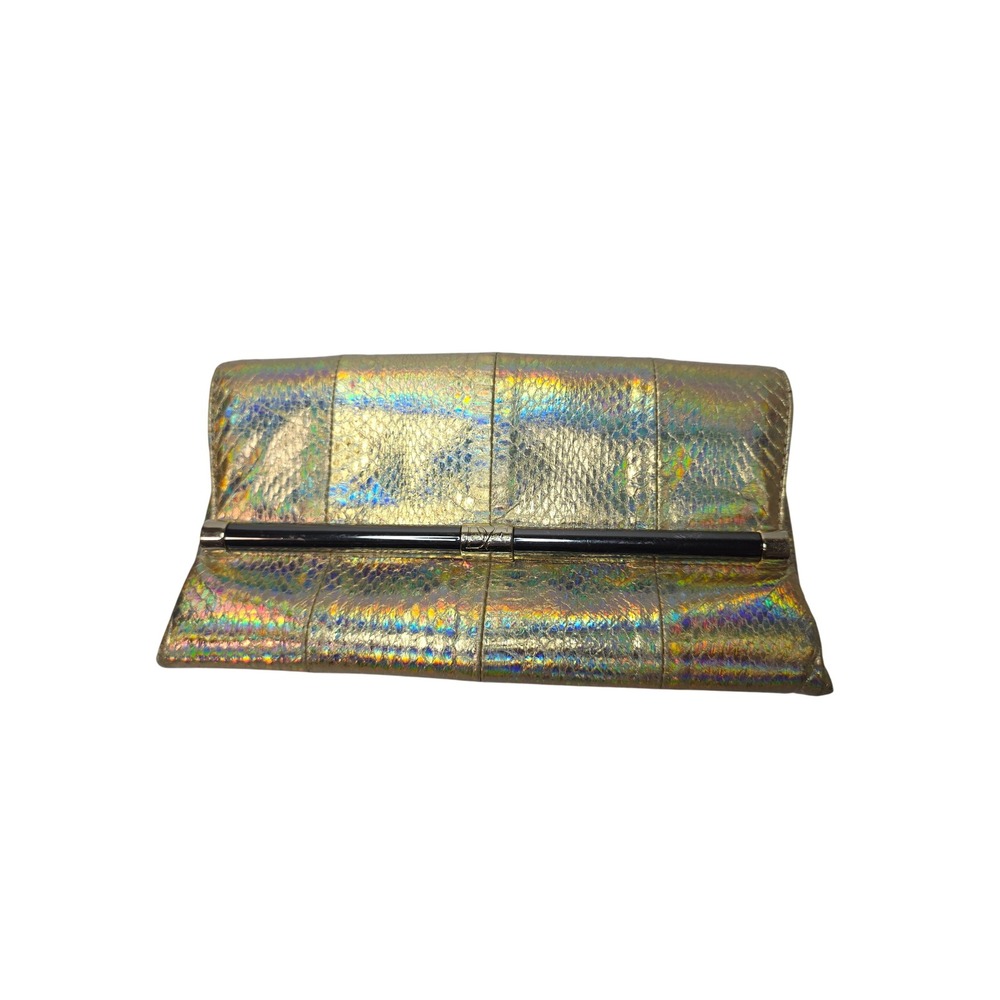 Diane von Furstenberg Gold Holographic Snakeskin Clutch Bag Evening Envelope